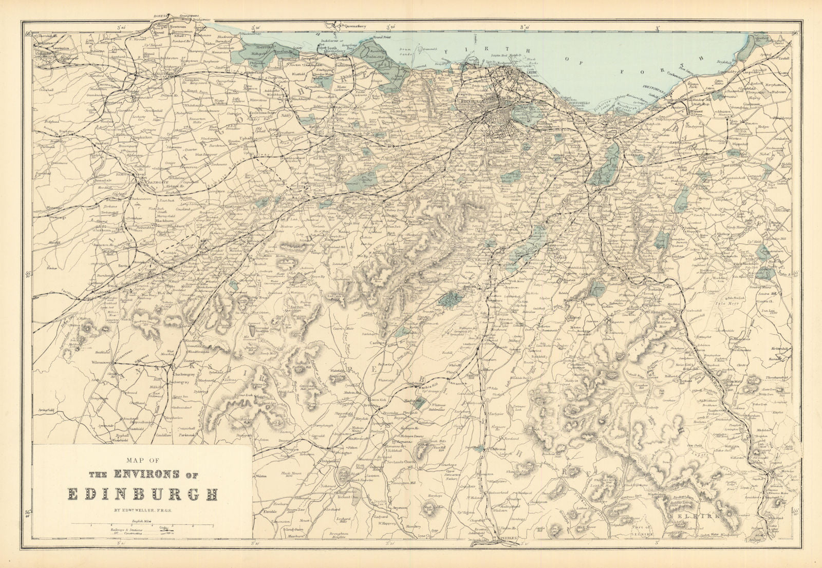 EDINBURGH & ENVIRONS. West Lothian Midlothian. Antique map by GW BACON 1884